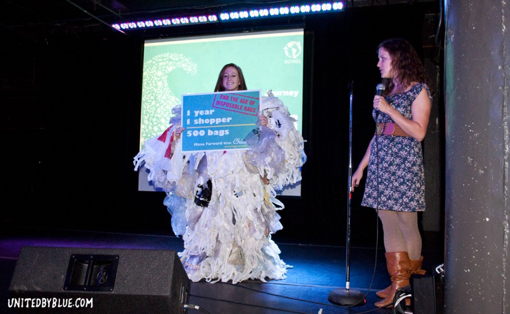 Chicobag plastic bag monster makes an appearance at 5 Gyres Bike Tour & United by Blue event
