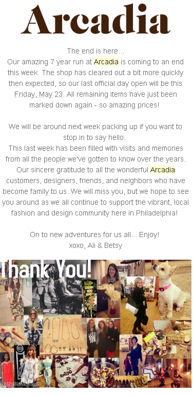 Arcadia Boutique's goodbye e-mail - We'll miss you!