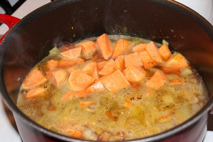 sweet potatoes and carrots in soup