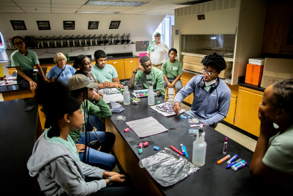Paul Robeson high school students received a brief lesson on green infrastructure before diving into their own experimentation. Support from a Penn Arts & Sciences’ grant as well as from the City of Philadelphia aims to foster increasing collaboration between Penn and the Cobb Creek Community Environmental Education Center and ensure a long future as a provider of inspiring STEM education for the West Philadelphia community. Photo credit: Eric Sucar, University of Pennsylvania Communications